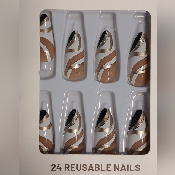 Almond shape brown gold black white reusable press on nails 24 piece set new - Picture 2 of 2